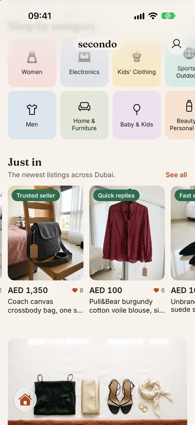 SecondO's Explore tab: categories and the newest listings across Dubai