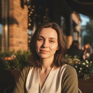 The same woman outside a brick café at dusk