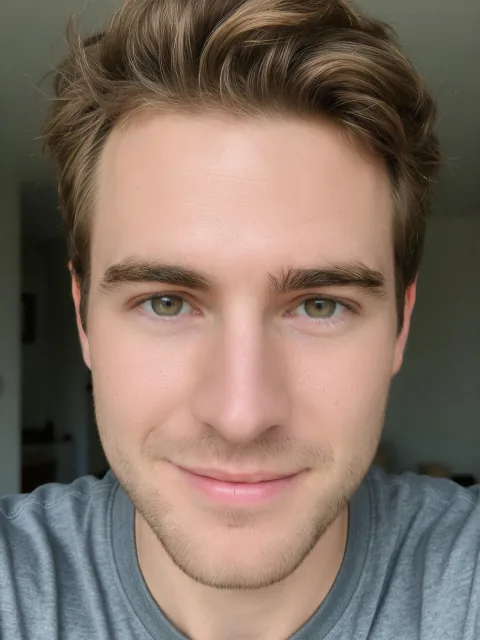The man's same selfie with Beautify Me at Pronounced: skin and under-eyes retouched; hair, clothes and background unchanged