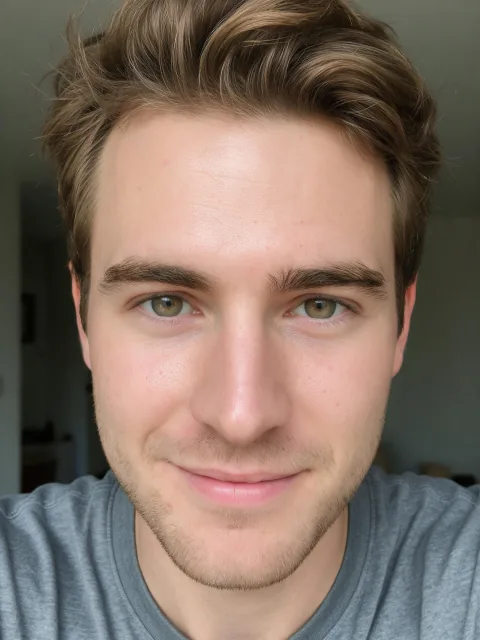The man's same selfie with Beautify Me at Light: skin and under-eyes retouched; hair, clothes and background unchanged